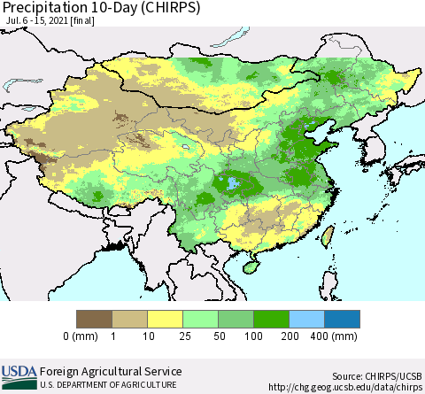 China, Mongolia and Taiwan Precipitation 10-Day (CHIRPS) Thematic Map For 7/6/2021 - 7/15/2021