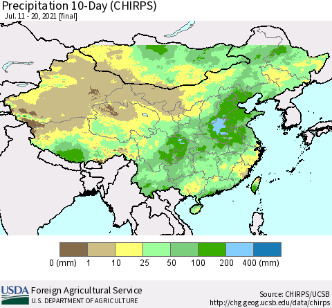 China, Mongolia and Taiwan Precipitation 10-Day (CHIRPS) Thematic Map For 7/11/2021 - 7/20/2021