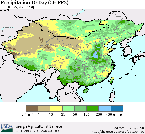 China, Mongolia and Taiwan Precipitation 10-Day (CHIRPS) Thematic Map For 7/16/2021 - 7/25/2021