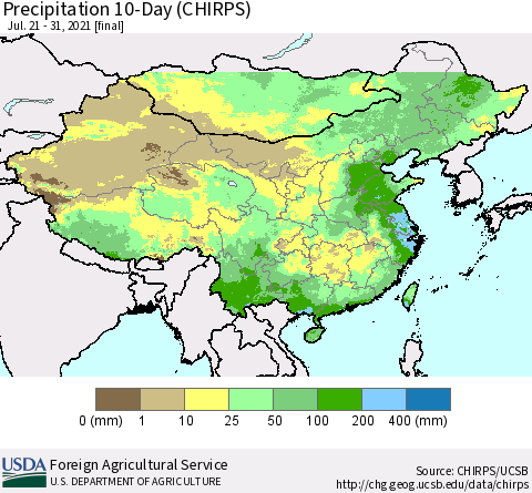 China, Mongolia and Taiwan Precipitation 10-Day (CHIRPS) Thematic Map For 7/21/2021 - 7/31/2021