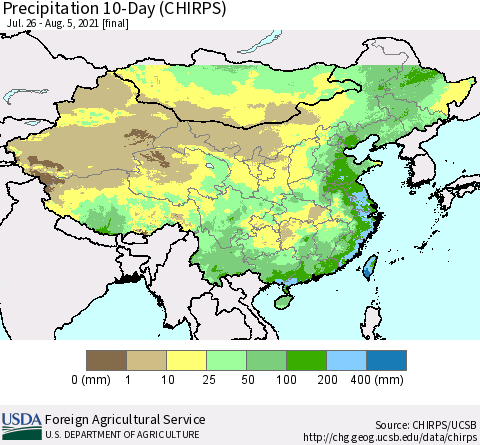 China, Mongolia and Taiwan Precipitation 10-Day (CHIRPS) Thematic Map For 7/26/2021 - 8/5/2021