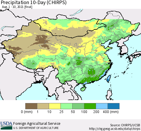 China, Mongolia and Taiwan Precipitation 10-Day (CHIRPS) Thematic Map For 8/1/2021 - 8/10/2021