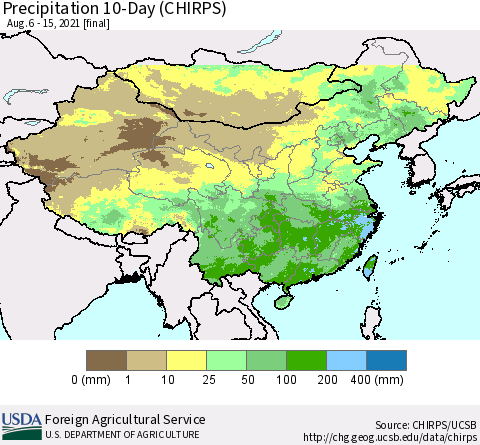 China, Mongolia and Taiwan Precipitation 10-Day (CHIRPS) Thematic Map For 8/6/2021 - 8/15/2021