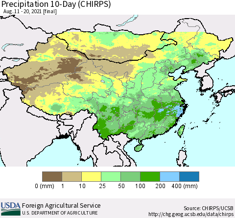 China, Mongolia and Taiwan Precipitation 10-Day (CHIRPS) Thematic Map For 8/11/2021 - 8/20/2021