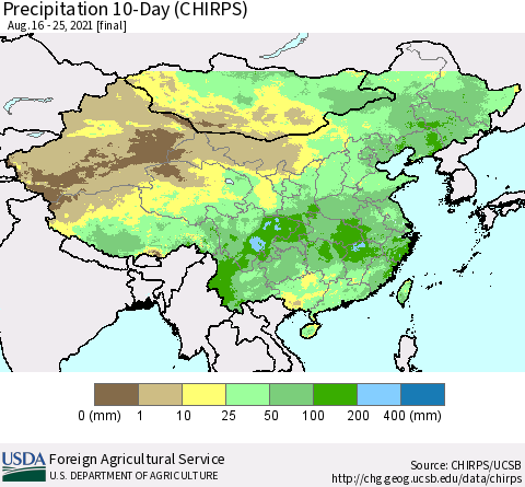 China, Mongolia and Taiwan Precipitation 10-Day (CHIRPS) Thematic Map For 8/16/2021 - 8/25/2021