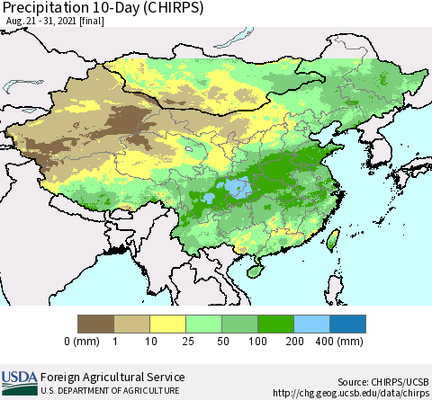 China, Mongolia and Taiwan Precipitation 10-Day (CHIRPS) Thematic Map For 8/21/2021 - 8/31/2021