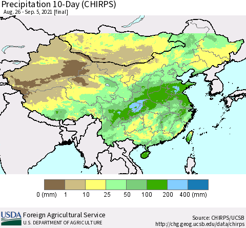 China, Mongolia and Taiwan Precipitation 10-Day (CHIRPS) Thematic Map For 8/26/2021 - 9/5/2021