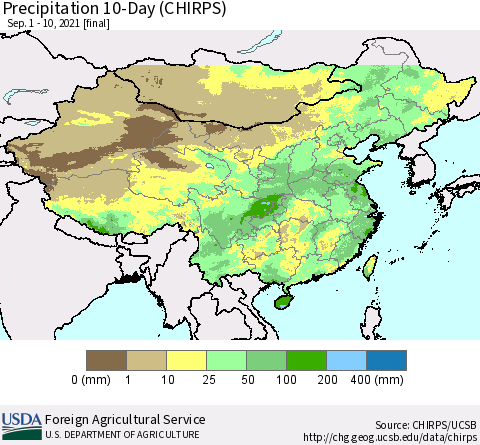China, Mongolia and Taiwan Precipitation 10-Day (CHIRPS) Thematic Map For 9/1/2021 - 9/10/2021