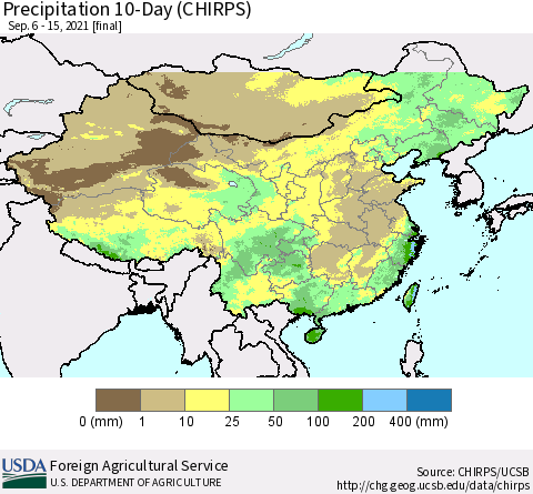 China, Mongolia and Taiwan Precipitation 10-Day (CHIRPS) Thematic Map For 9/6/2021 - 9/15/2021