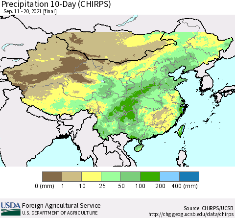 China, Mongolia and Taiwan Precipitation 10-Day (CHIRPS) Thematic Map For 9/11/2021 - 9/20/2021