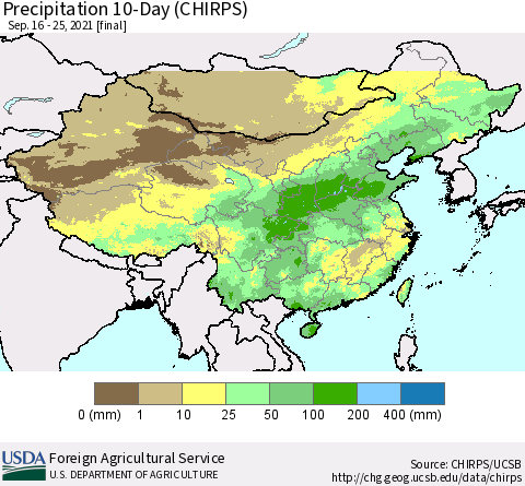 China, Mongolia and Taiwan Precipitation 10-Day (CHIRPS) Thematic Map For 9/16/2021 - 9/25/2021