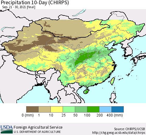 China, Mongolia and Taiwan Precipitation 10-Day (CHIRPS) Thematic Map For 9/21/2021 - 9/30/2021