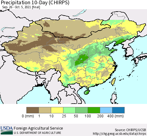 China, Mongolia and Taiwan Precipitation 10-Day (CHIRPS) Thematic Map For 9/26/2021 - 10/5/2021