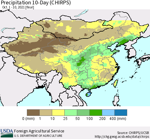 China, Mongolia and Taiwan Precipitation 10-Day (CHIRPS) Thematic Map For 10/1/2021 - 10/10/2021