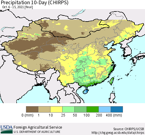 China, Mongolia and Taiwan Precipitation 10-Day (CHIRPS) Thematic Map For 10/6/2021 - 10/15/2021