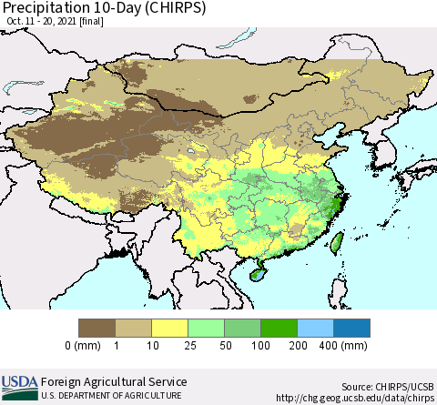 China, Mongolia and Taiwan Precipitation 10-Day (CHIRPS) Thematic Map For 10/11/2021 - 10/20/2021
