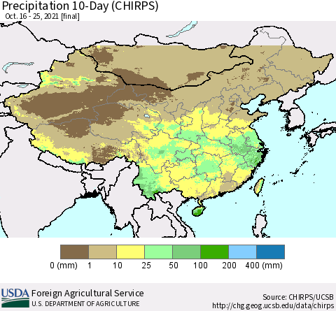 China, Mongolia and Taiwan Precipitation 10-Day (CHIRPS) Thematic Map For 10/16/2021 - 10/25/2021