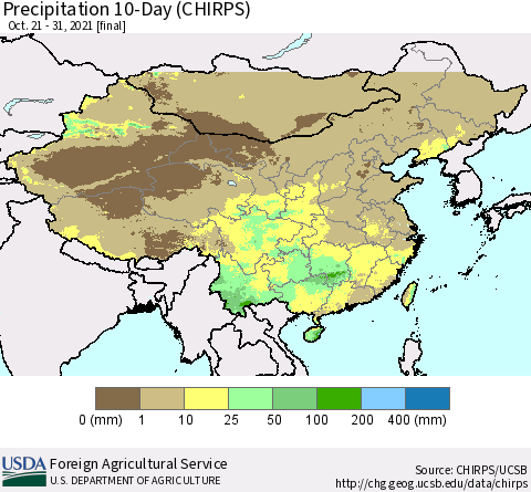 China, Mongolia and Taiwan Precipitation 10-Day (CHIRPS) Thematic Map For 10/21/2021 - 10/31/2021
