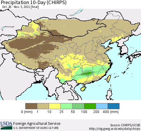 China, Mongolia and Taiwan Precipitation 10-Day (CHIRPS) Thematic Map For 10/26/2021 - 11/5/2021