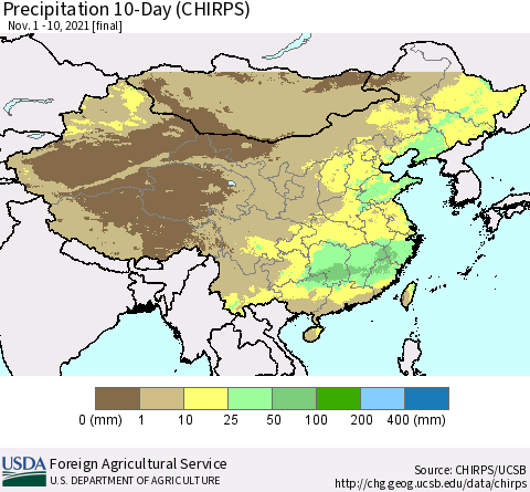 China, Mongolia and Taiwan Precipitation 10-Day (CHIRPS) Thematic Map For 11/1/2021 - 11/10/2021