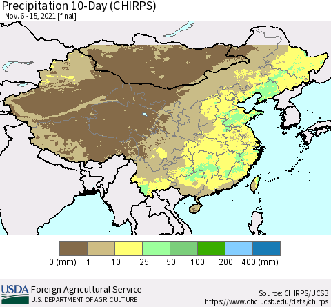 China, Mongolia and Taiwan Precipitation 10-Day (CHIRPS) Thematic Map For 11/6/2021 - 11/15/2021
