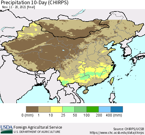 China, Mongolia and Taiwan Precipitation 10-Day (CHIRPS) Thematic Map For 11/11/2021 - 11/20/2021