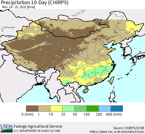 China, Mongolia and Taiwan Precipitation 10-Day (CHIRPS) Thematic Map For 11/16/2021 - 11/25/2021