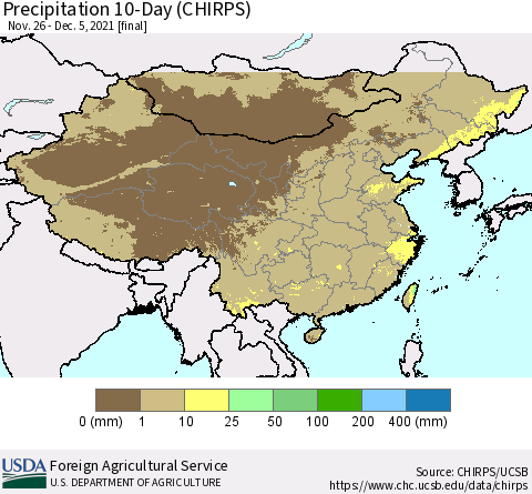 China, Mongolia and Taiwan Precipitation 10-Day (CHIRPS) Thematic Map For 11/26/2021 - 12/5/2021