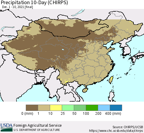China, Mongolia and Taiwan Precipitation 10-Day (CHIRPS) Thematic Map For 12/1/2021 - 12/10/2021