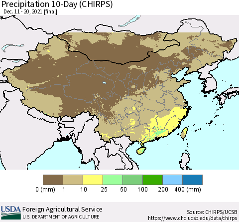 China, Mongolia and Taiwan Precipitation 10-Day (CHIRPS) Thematic Map For 12/11/2021 - 12/20/2021