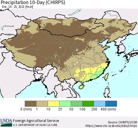China, Mongolia and Taiwan Precipitation 10-Day (CHIRPS) Thematic Map For 12/16/2021 - 12/25/2021