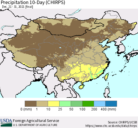 China, Mongolia and Taiwan Precipitation 10-Day (CHIRPS) Thematic Map For 12/21/2021 - 12/31/2021