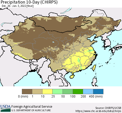 China, Mongolia and Taiwan Precipitation 10-Day (CHIRPS) Thematic Map For 12/26/2021 - 1/5/2022