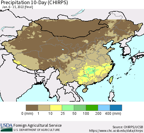 China, Mongolia and Taiwan Precipitation 10-Day (CHIRPS) Thematic Map For 1/6/2022 - 1/15/2022