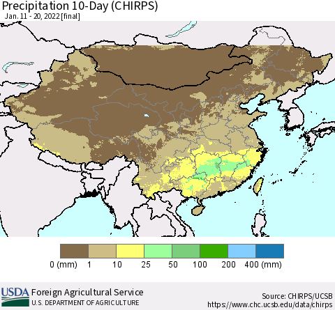 China, Mongolia and Taiwan Precipitation 10-Day (CHIRPS) Thematic Map For 1/11/2022 - 1/20/2022
