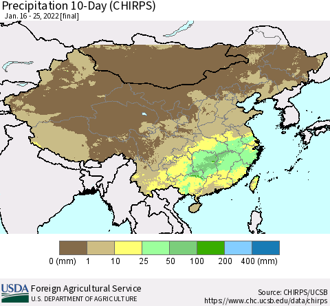 China, Mongolia and Taiwan Precipitation 10-Day (CHIRPS) Thematic Map For 1/16/2022 - 1/25/2022