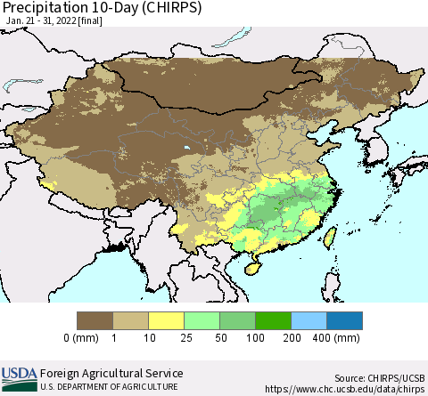 China, Mongolia and Taiwan Precipitation 10-Day (CHIRPS) Thematic Map For 1/21/2022 - 1/31/2022