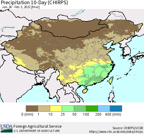 China, Mongolia and Taiwan Precipitation 10-Day (CHIRPS) Thematic Map For 1/26/2022 - 2/5/2022