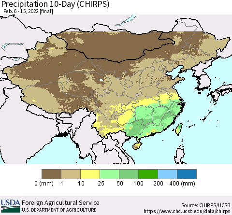 China, Mongolia and Taiwan Precipitation 10-Day (CHIRPS) Thematic Map For 2/6/2022 - 2/15/2022