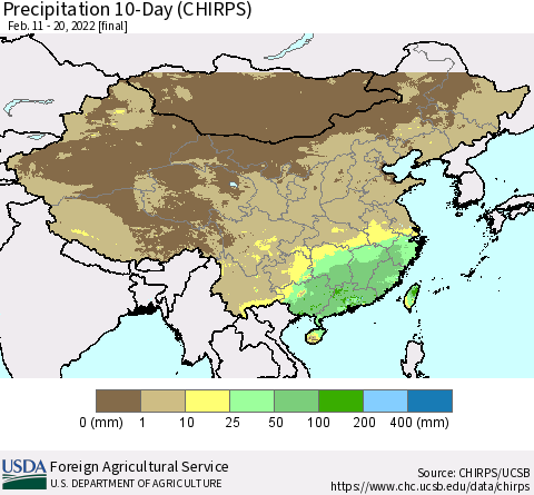 China, Mongolia and Taiwan Precipitation 10-Day (CHIRPS) Thematic Map For 2/11/2022 - 2/20/2022