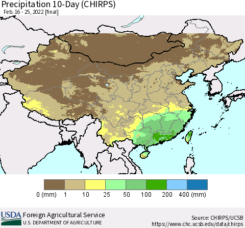 China, Mongolia and Taiwan Precipitation 10-Day (CHIRPS) Thematic Map For 2/16/2022 - 2/25/2022