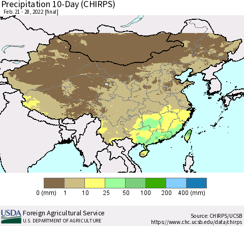 China, Mongolia and Taiwan Precipitation 10-Day (CHIRPS) Thematic Map For 2/21/2022 - 2/28/2022
