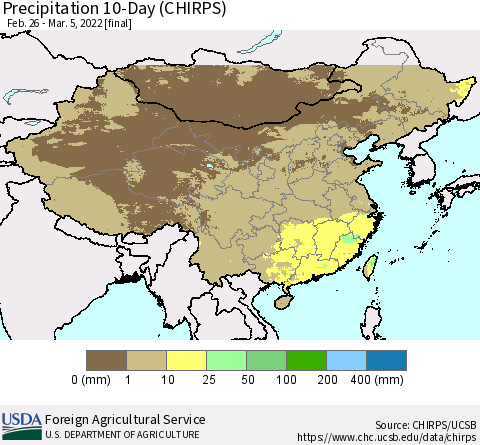 China, Mongolia and Taiwan Precipitation 10-Day (CHIRPS) Thematic Map For 2/26/2022 - 3/5/2022