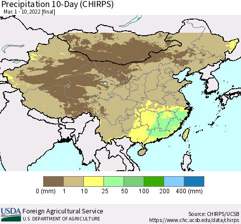 China, Mongolia and Taiwan Precipitation 10-Day (CHIRPS) Thematic Map For 3/1/2022 - 3/10/2022
