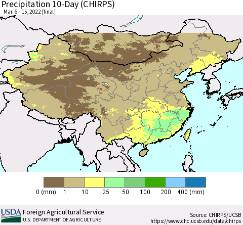 China, Mongolia and Taiwan Precipitation 10-Day (CHIRPS) Thematic Map For 3/6/2022 - 3/15/2022