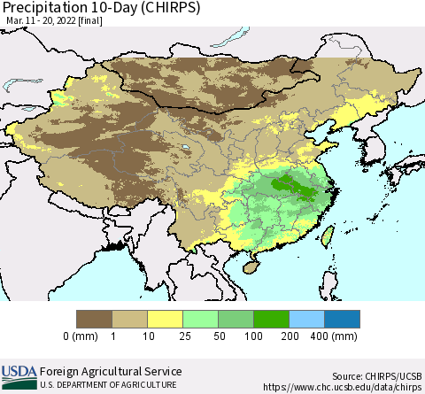 China, Mongolia and Taiwan Precipitation 10-Day (CHIRPS) Thematic Map For 3/11/2022 - 3/20/2022
