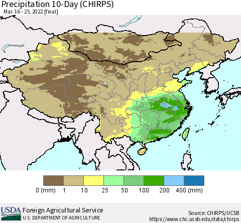China, Mongolia and Taiwan Precipitation 10-Day (CHIRPS) Thematic Map For 3/16/2022 - 3/25/2022