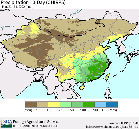 China, Mongolia and Taiwan Precipitation 10-Day (CHIRPS) Thematic Map For 3/21/2022 - 3/31/2022