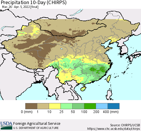 China, Mongolia and Taiwan Precipitation 10-Day (CHIRPS) Thematic Map For 3/26/2022 - 4/5/2022