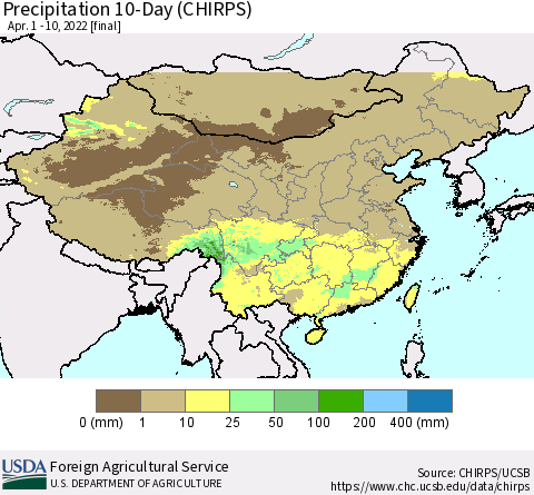China, Mongolia and Taiwan Precipitation 10-Day (CHIRPS) Thematic Map For 4/1/2022 - 4/10/2022